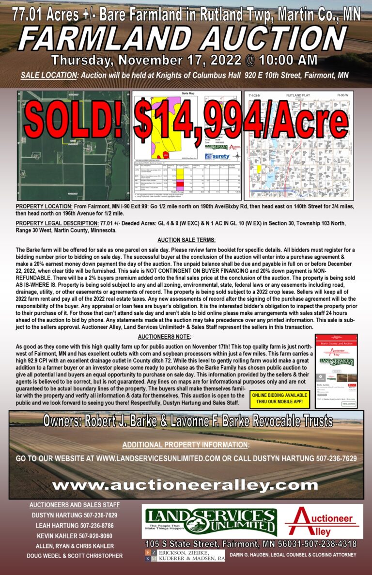 SOLD! Bare Farmland Auction in Martin Co., MN! Land Services Unlimited